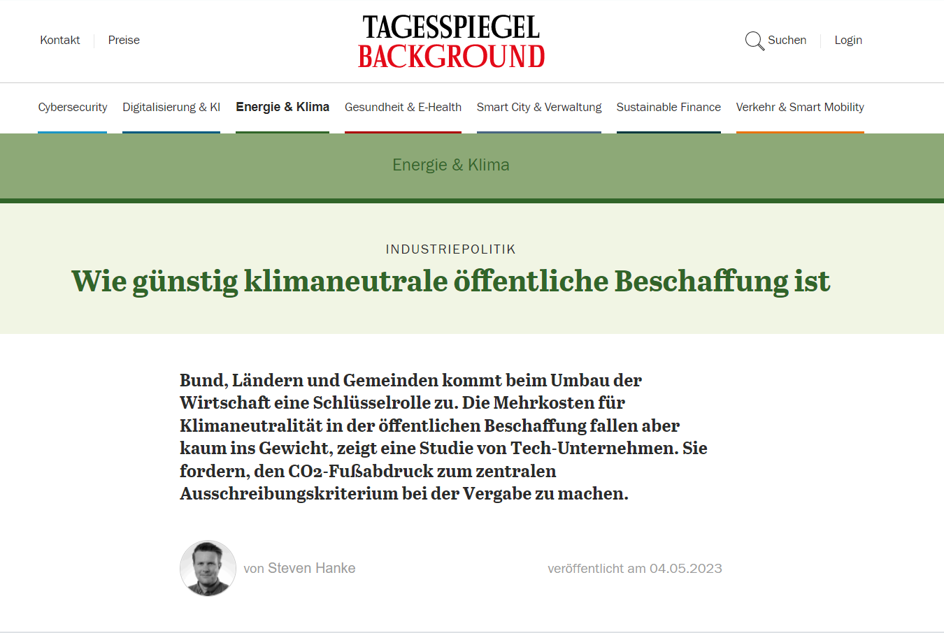 Tagesspiegel Background Energie & Klima reports on our work on climate-neutral public procurement